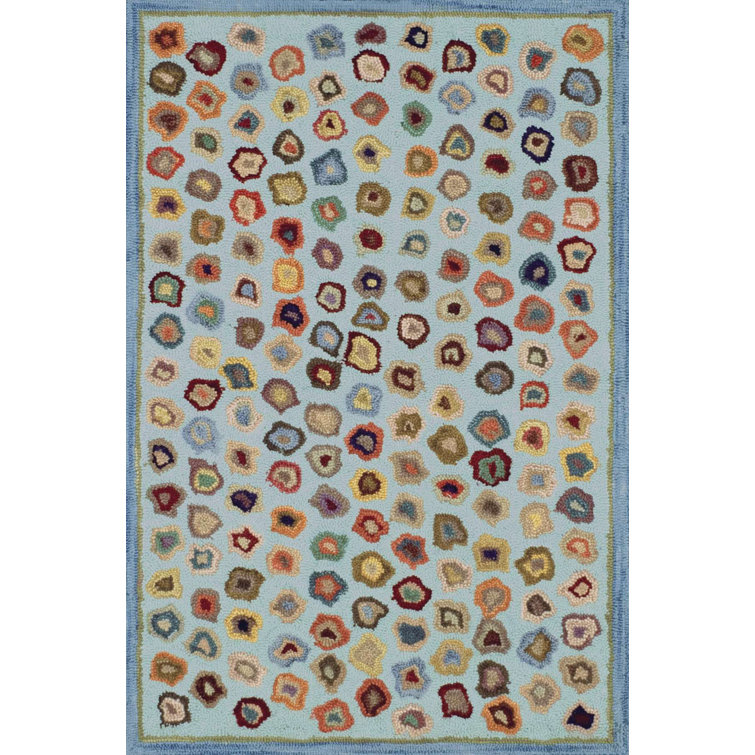 Handmade Farmhouse Wool Blue Rectangular Rug with Red Accents