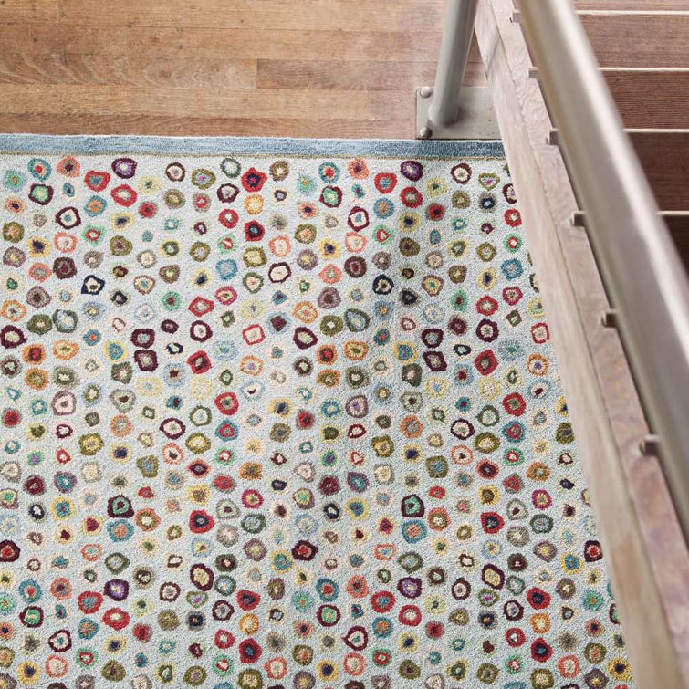 Handmade Farmhouse Wool Blue Rectangular Rug with Red Accents