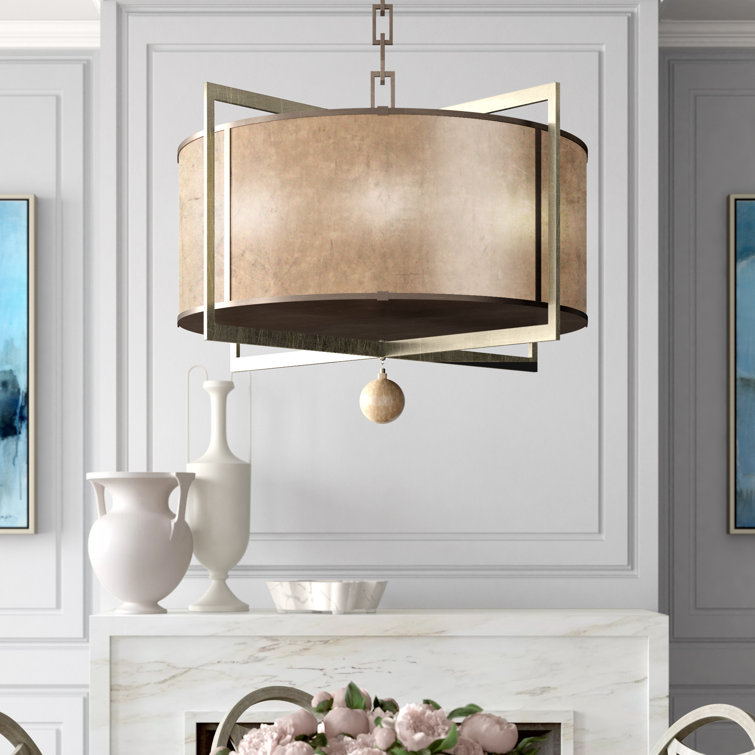 Translucent Mica and Bronze 8-Light Drum Chandelier with Hand Blown Glass Drop