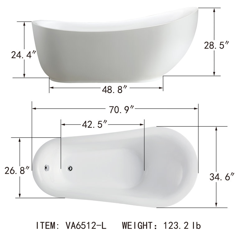 71'' White Acrylic Freestanding Soaking Bathtub