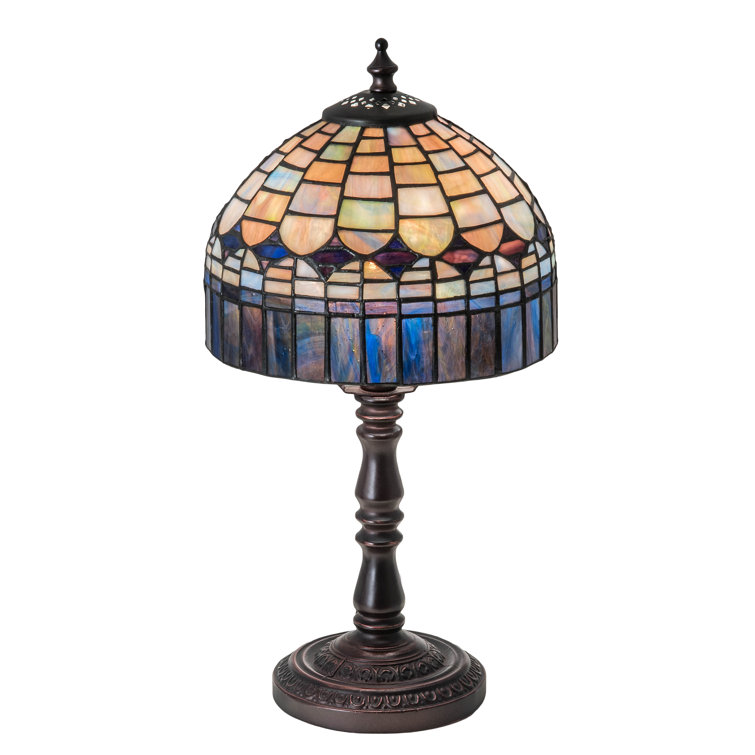 Meyda 14" Arc Stained Glass Bronze Table Lamp with Multicolor Shade