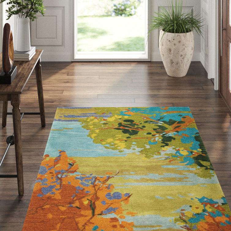 Handmade Blue and Green Wool Landscape Area Rug 5' x 8'
