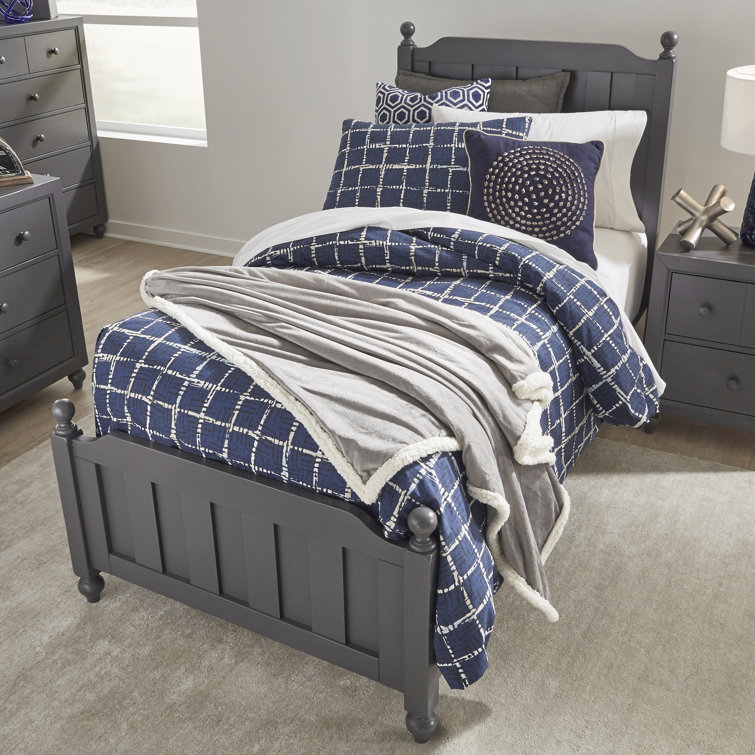 Dark Gray Twin Poster Bed with Headboard and Slats