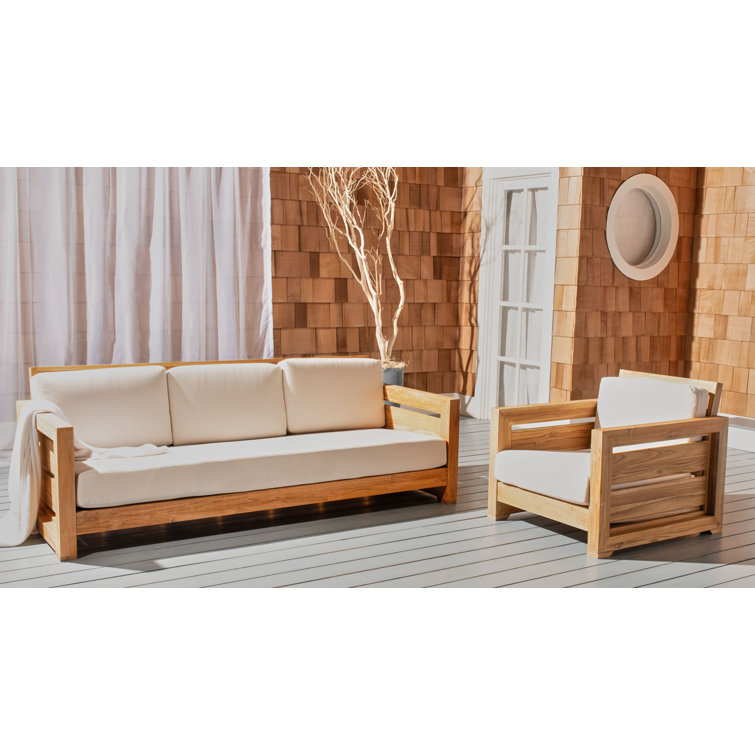 Natural Teak Wood Outdoor 3-Seat Sofa with Cream Cushions
