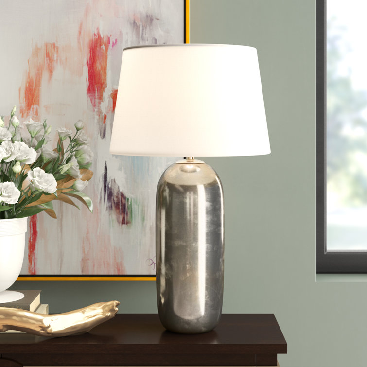 Antique Mercury Glass Table Lamp with Off-White Silk Shade