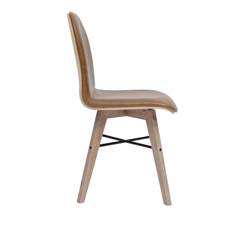 Brown Genuine Leather Upholstered Side Chair with Oak Legs, Set of 2