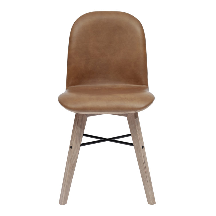 Brown Genuine Leather Upholstered Side Chair with Oak Legs, Set of 2