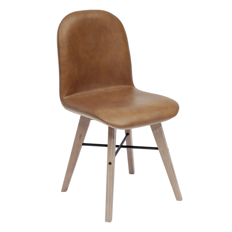 Brown Genuine Leather Upholstered Side Chair with Oak Legs, Set of 2