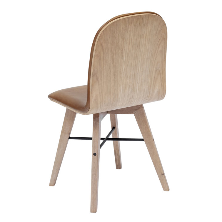 Brown Genuine Leather Upholstered Side Chair with Oak Legs, Set of 2