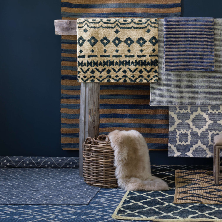 Indigo Blue Diamond Pattern Wool Runner Rug