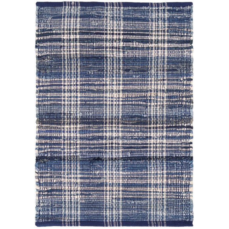 Handmade Blue Plaid Wool and Cotton Area Rug 3' x 5'