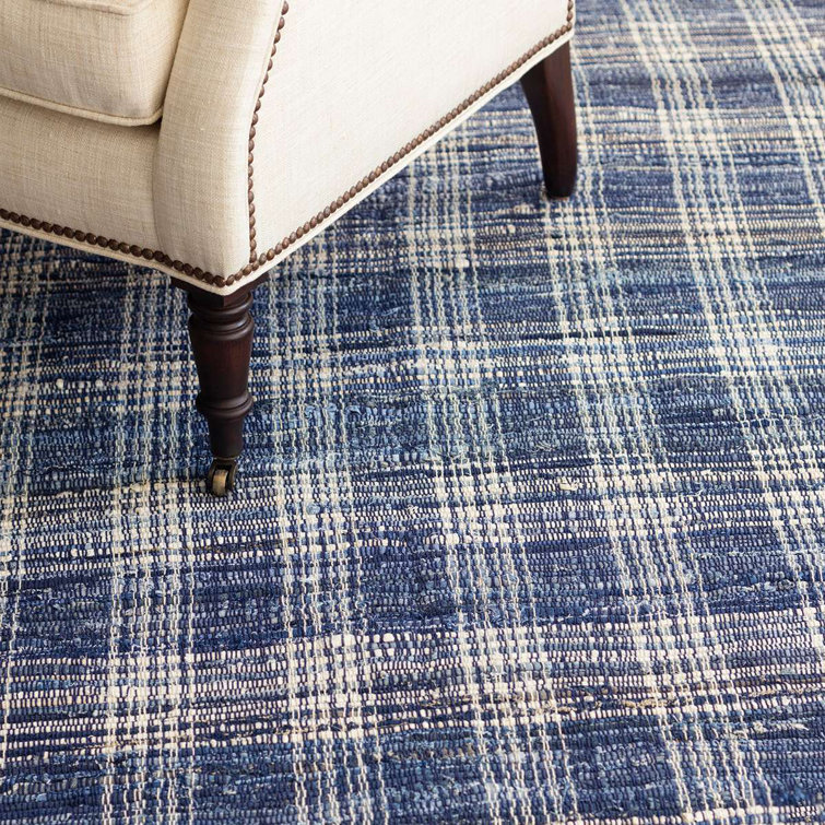 Handmade Blue Plaid Wool and Cotton Area Rug 3' x 5'