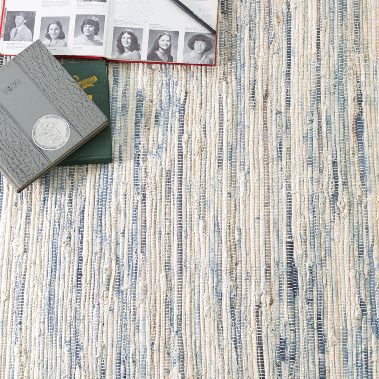 Handwoven Blue and White Cotton Rectangular Rug 6' x 9'