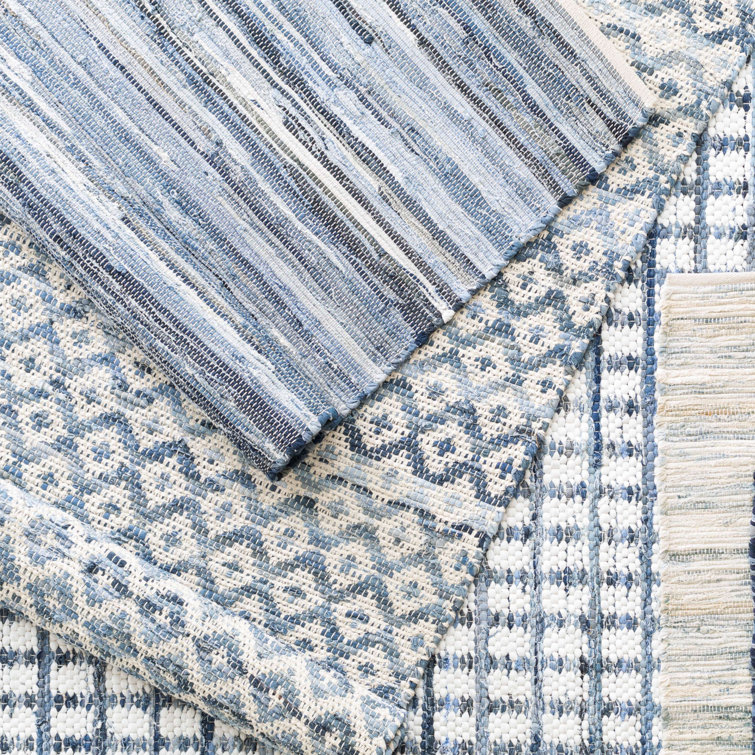 Handwoven Blue and White Cotton Rectangular Rug 6' x 9'
