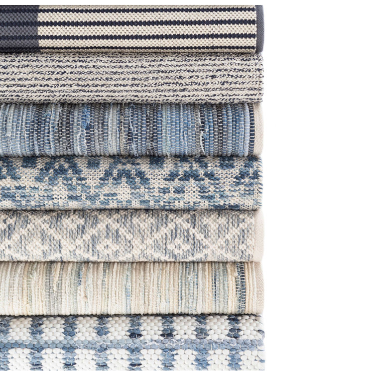 Handwoven Blue and White Cotton Rectangular Rug 6' x 9'