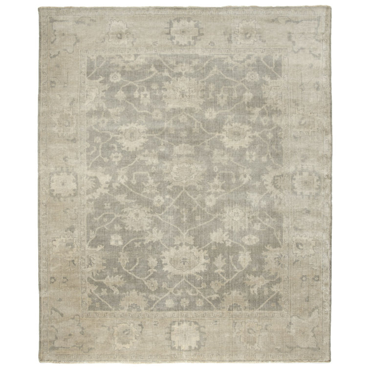Oushak Light Grey and Beige Hand-Knotted Wool Rug, 9' x 12'