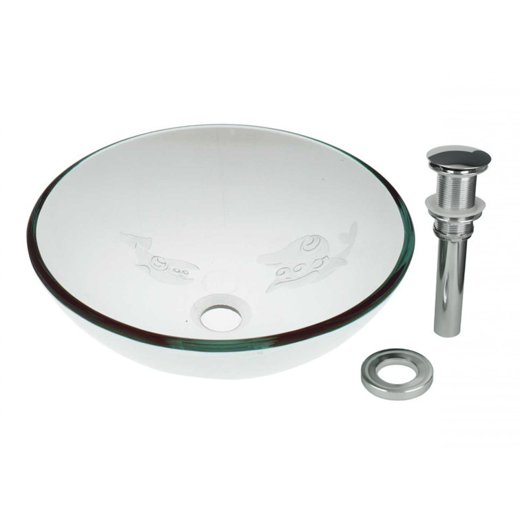 16.5'' Clear Frosted Glass Vessel Bathroom Sink with Etched Fish