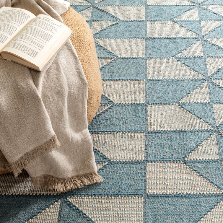 Blue and White Handwoven Cotton Wool Geometric Diamond Rug, 8' x 10'