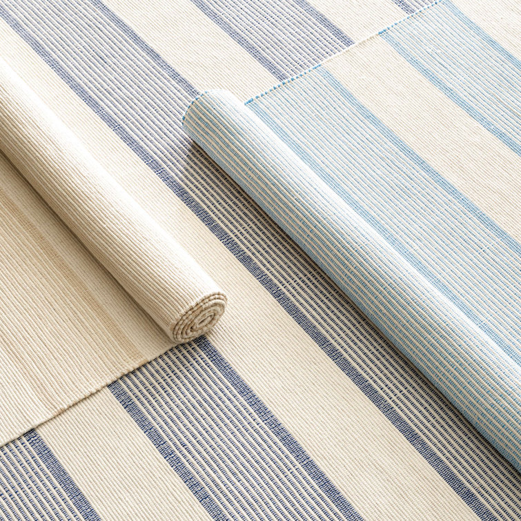 Ivory and Navy Handwoven Cotton Stripe Rug, 10' x 14'