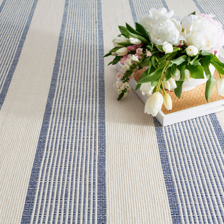 Ivory and Navy Handwoven Cotton Stripe Rug, 10' x 14'