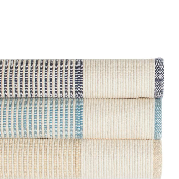 Ivory and Navy Handwoven Cotton Stripe Rug, 10' x 14'