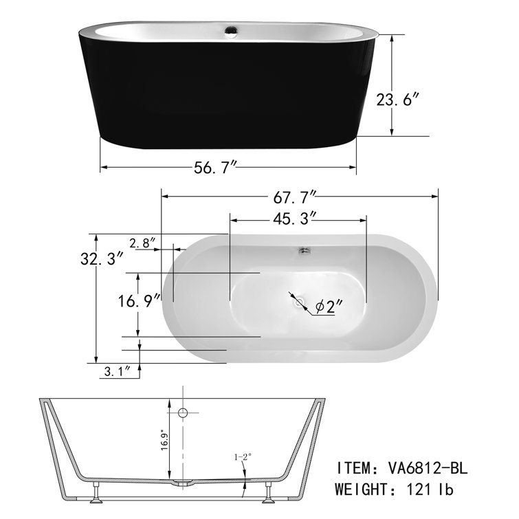 67.7" Black and White Acrylic Freestanding Bathtub