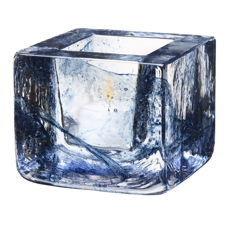 Kosta Boda Clear and Blue Glass Brick Votive