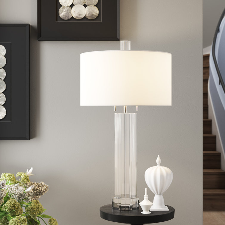 Fluted Nickel Crystal 2-Light Chandelier with White Faux Silk Shade