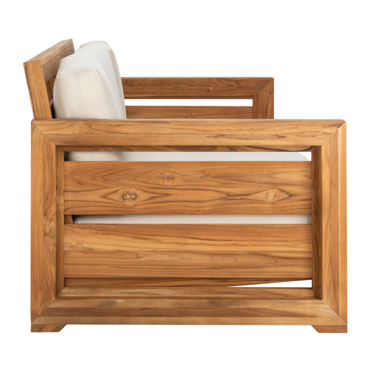 Natural Teak Wood Outdoor 3-Seat Sofa with Cream Cushions