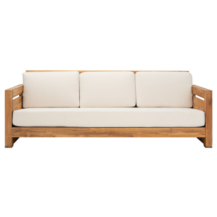 Natural Teak Wood Outdoor 3-Seat Sofa with Cream Cushions