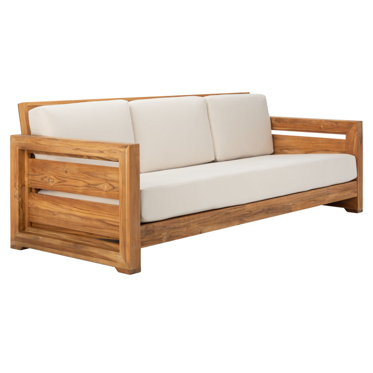 Natural Teak Wood Outdoor 3-Seat Sofa with Cream Cushions