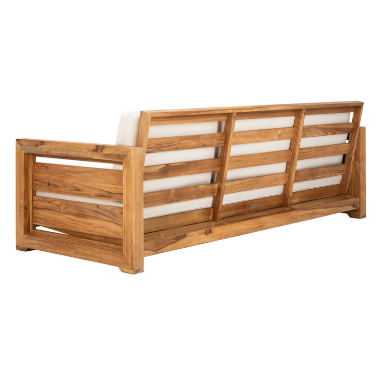 Natural Teak Wood Outdoor 3-Seat Sofa with Cream Cushions