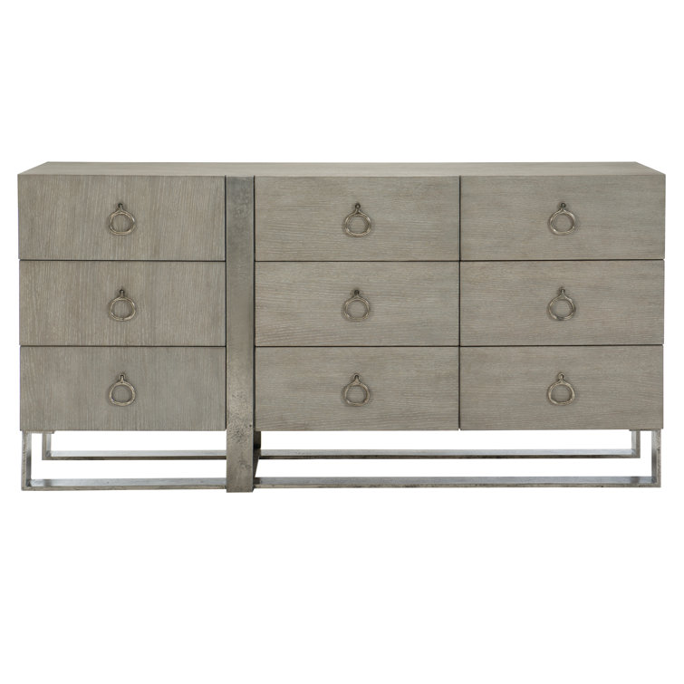 Gray Oak Transitional 9-Drawer Dresser with Aluminum Base