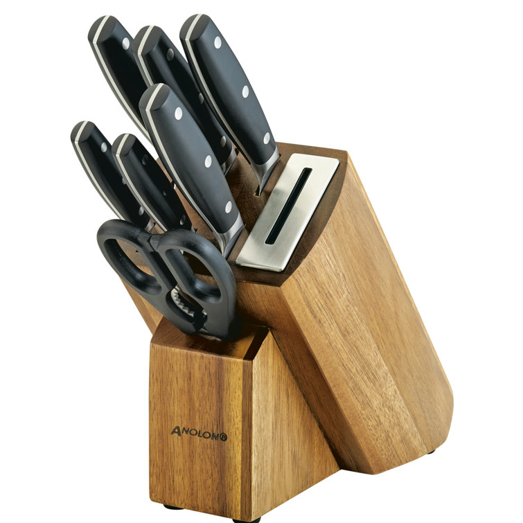 Anolon Cutlery Japanese Carbon Steel 8 Piece Knife Block Set with Built-In Sharpener