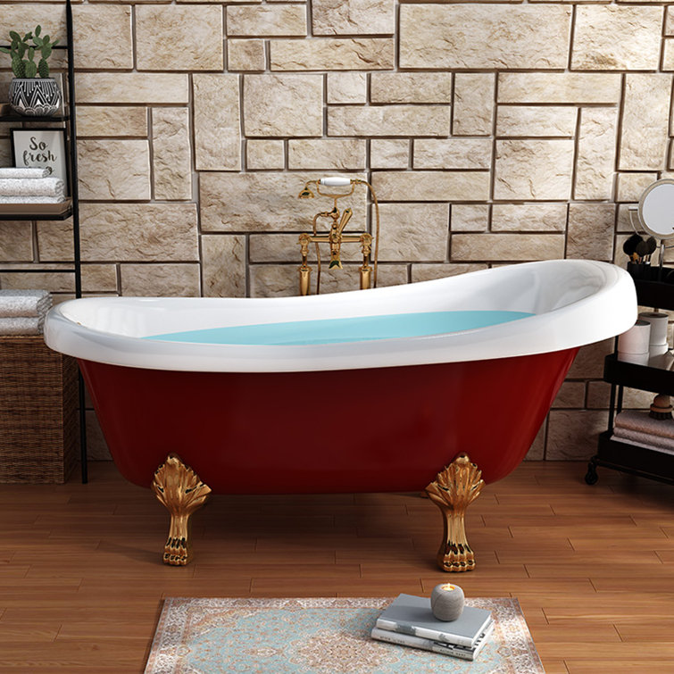 67" Red and White Acrylic Clawfoot Soaking Bathtub