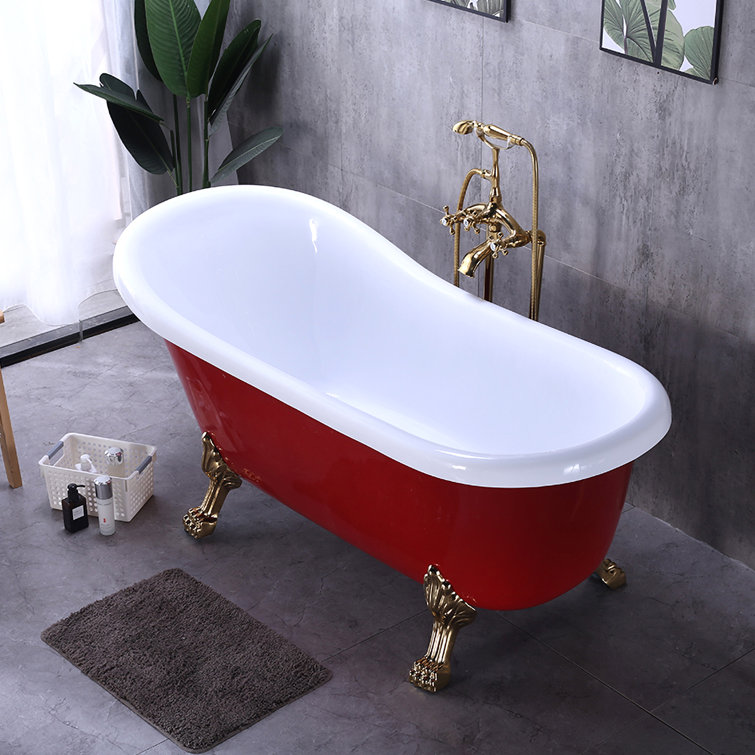 67" Red and White Acrylic Clawfoot Soaking Bathtub