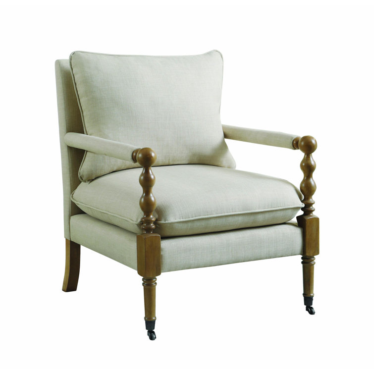 Beige Upholstered Wood Accent Chair with Turned Legs