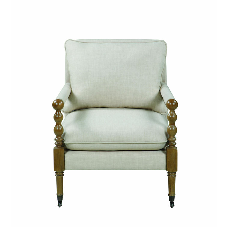 Beige Upholstered Wood Accent Chair with Turned Legs