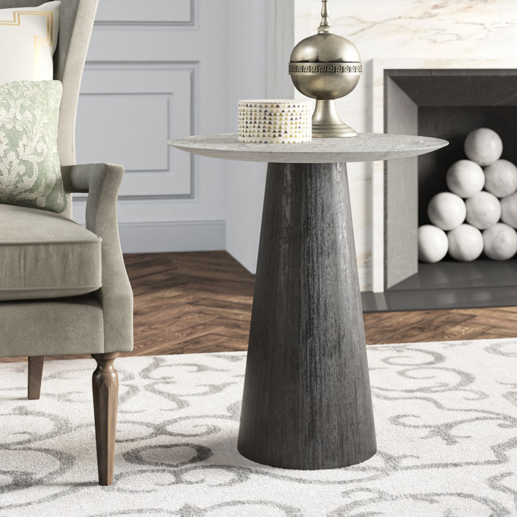 Round Gray Marble and Ebony Wood End Table
