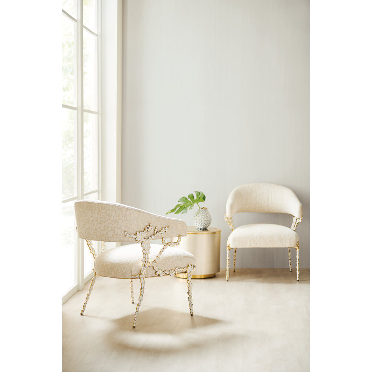 Handcrafted Gold Brush Metal and White Fabric Accent Chair