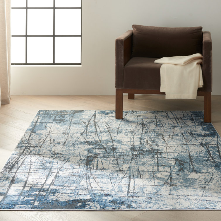 Rectangular Grey and Blue Abstract Viscose Area Rug