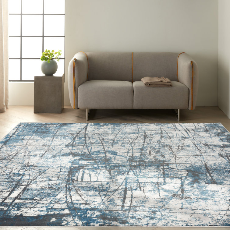 Rectangular Grey and Blue Abstract Viscose Area Rug