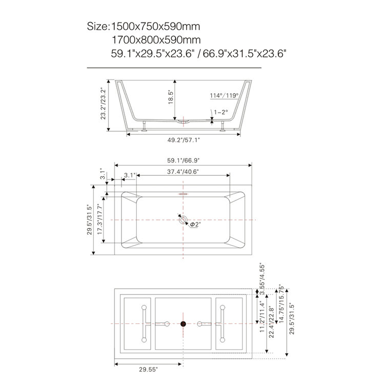 Elena 59" White Acrylic Freestanding Soaking Bathtub