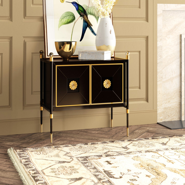 Black Lacquer and Brass Accent Cabinet with Adjustable Shelving