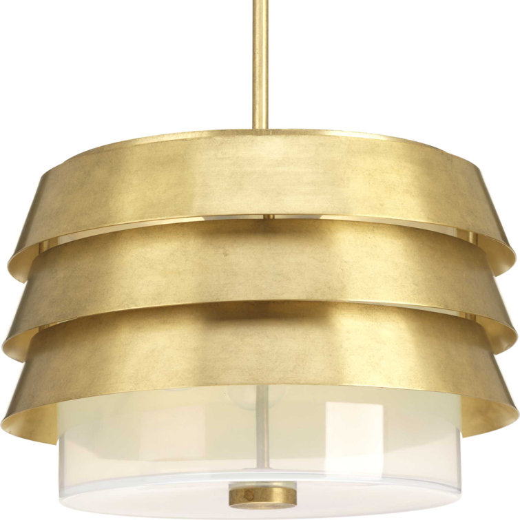Brushed Brass Drum Pendant Light with Milk Glass Shade