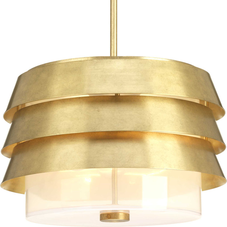 Brushed Brass Drum Pendant Light with Milk Glass Shade