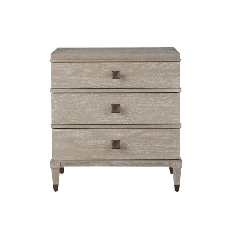Transitional Brown Oak 3-Drawer Nightstand with Brass Accents