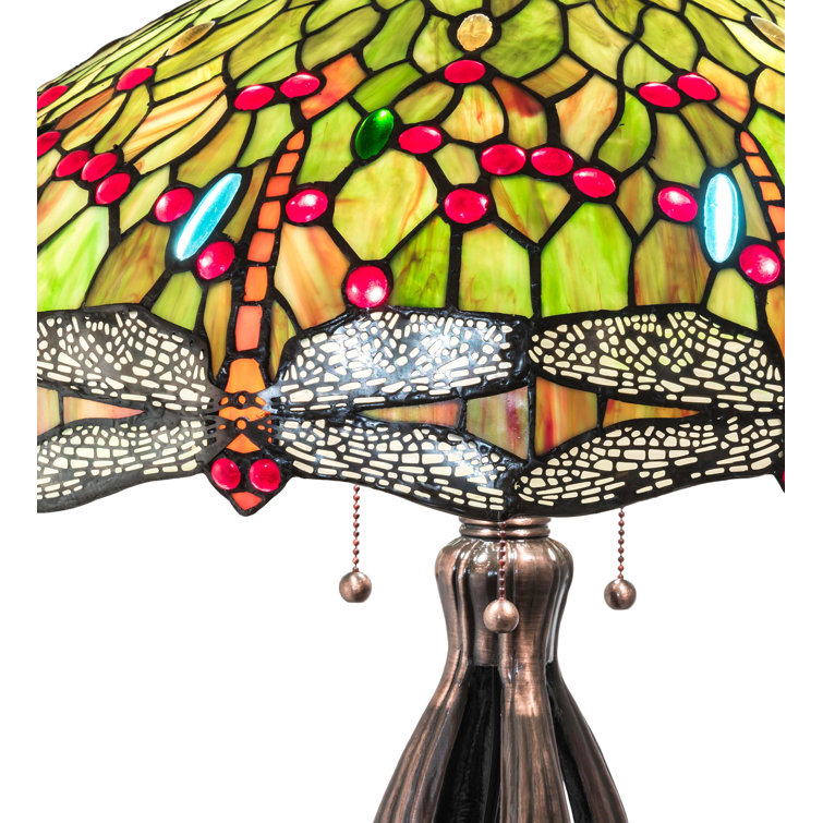 Mahogany Bronze 3-Light Table Lamp with Ruby Coral Green Stained Glass