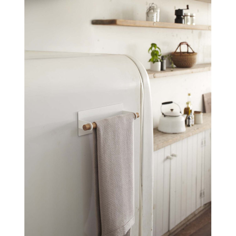White Magnetic Dish Towel Holder with Wood Accent