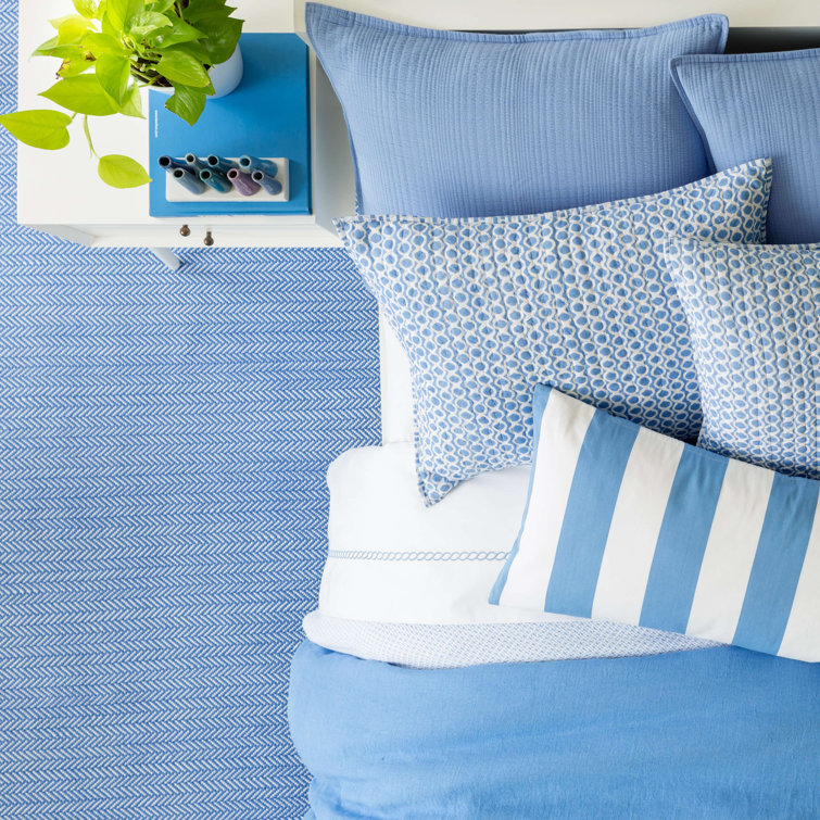 French Blue and White Herringbone Handwoven Rectangular Rug, 3x5
